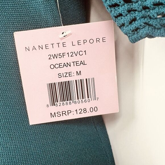 NWT Nanette Lepore M Teal Blue Green Perforated Sweater Dress Demure Holiday - Picture 5 of 16